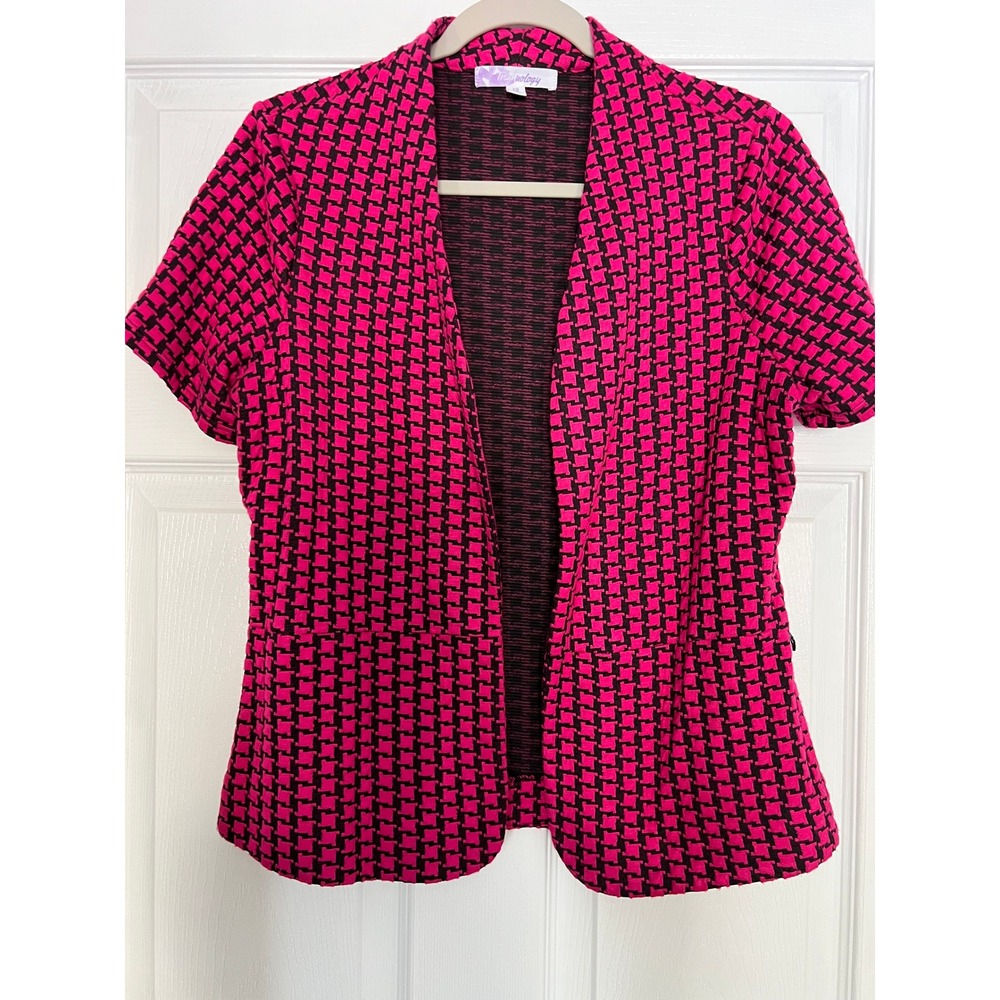 Trinhnology Pink Black Houndstooth Open Front Short Sleeve Cardigan Jacket 10
